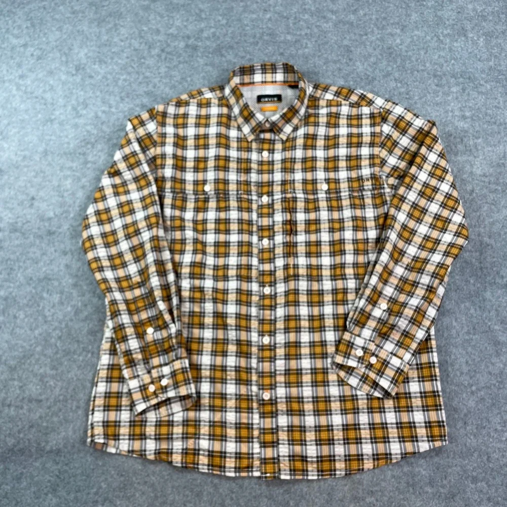 Orvis Mens Shirt L Plaid (Yellow, White, Brown, Gray) Plaid Long Sleeve